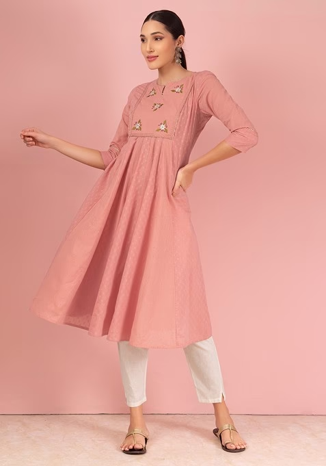 Peach Embroidered Cotton A-Line Kurta - Image 2