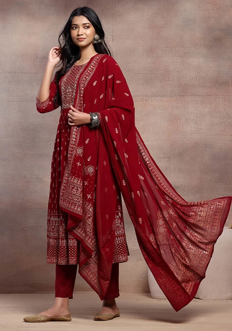 Maroon Mughal Boota Print Anarkali Kurta With Pants And Dupatta - Image 2