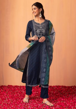 Blue Striped Embroidered Muslin Kurta With Pants And Printed Dupatta