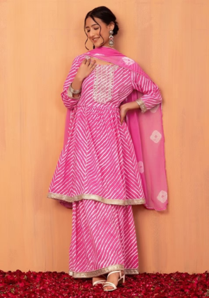 Pink Leheriya Print Cotton Sharara With Kurta And Chiffon Dupatta