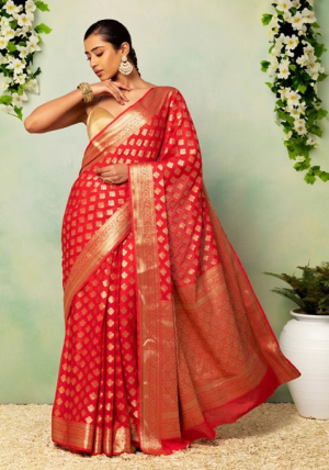 Red Floral Brocade Saree With Blouse