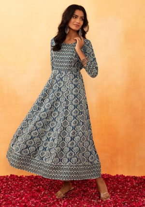 Grey Batik Print Rayon Anarkali Kurta