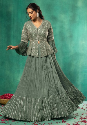 Green Tiered Lehenga Set With Embellished Short Kurta
