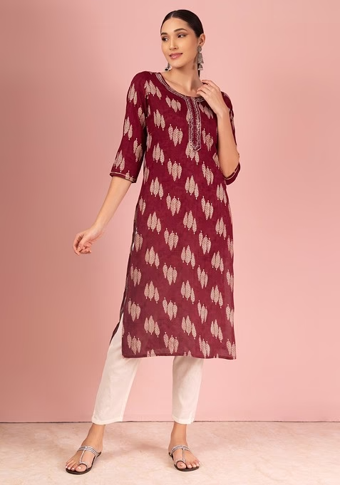 Maroon Leaf Print Embroidered Rayon Kurta - Image 2
