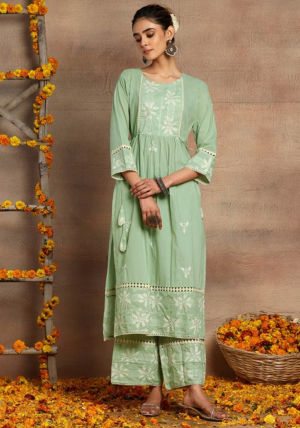 Mint Green Embroidered Cotton Kurta And Pants