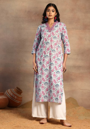 Light Grey Floral Print V-Neck Cotton Kurta