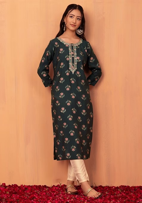 Black Floral Print Straight Kurta - Image 3