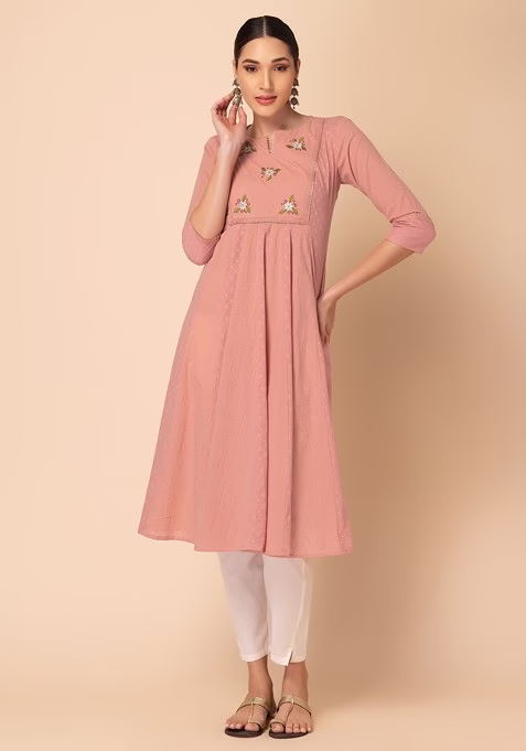 Peach Embroidered Cotton A-Line Kurta