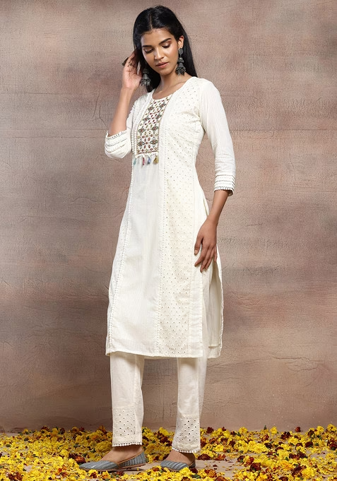 Ivory Mirror Embroidered Schiffli Cotton Kurta With Pants And Dupatta - Image 2