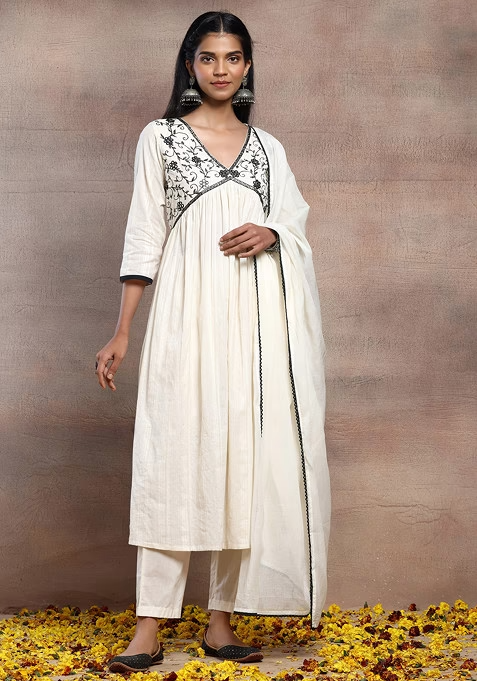 White V-Neck Embroidered Cotton Kurta With Pants And Dupatta - Image 2