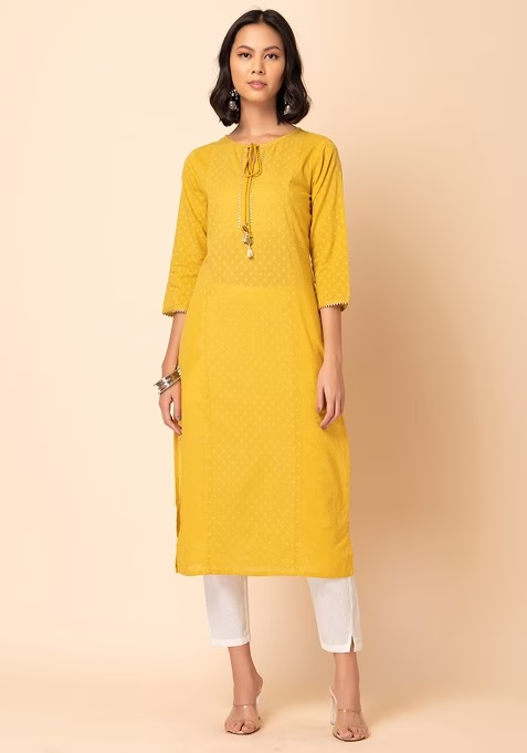 Yellow Tasseled Cotton Straight Kurta - Image 2