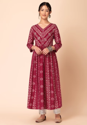 Red Batik Print Rayon Anarkali Kurta