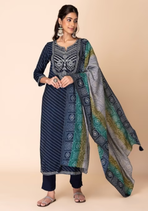 Blue Striped Embroidered Muslin Kurta With Pants And Printed Dupatta