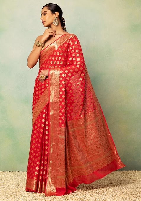 Red Floral Brocade Saree With Blouse - Image 2