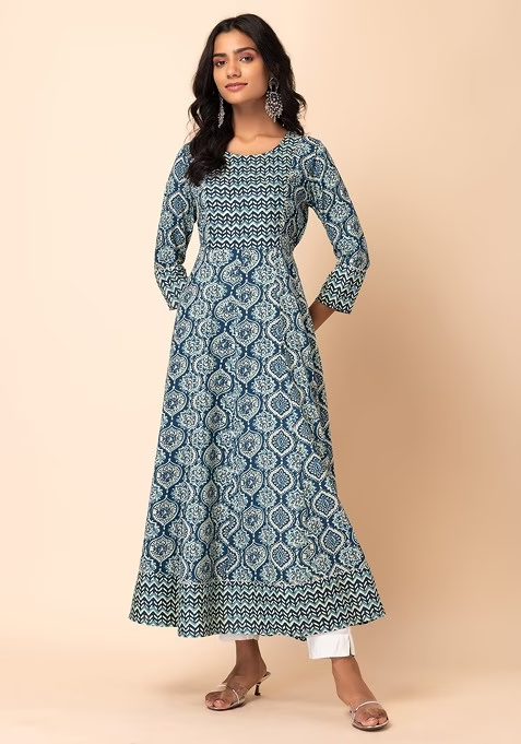 Grey Batik Print Rayon Anarkali Kurta - Image 2