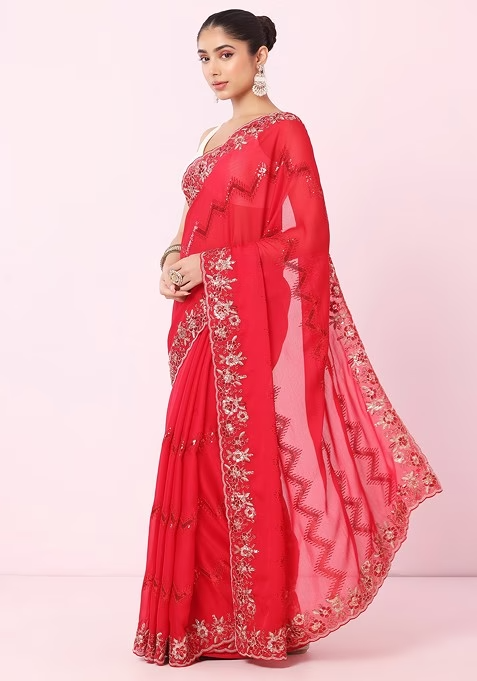 Rani Pink Chevron Sequin And Floral Embroidered Saree With Blouse - Image 2