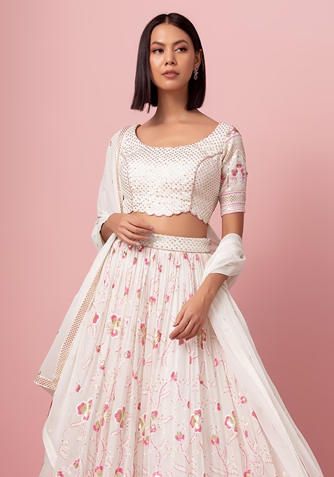 White Floral Sequin Embroidered Lehenga Set With Blouse And Dupatta - Image 2