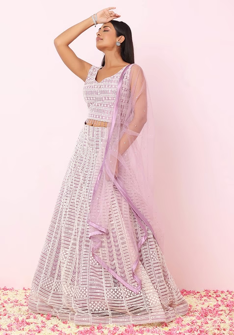 Lilac Abstract Sequin Thread Embroidered Lehenga Set With Blouse And Dupatta - Image 2