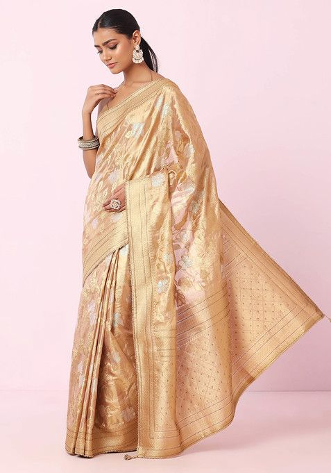 Sage Green Floral Embroidered Jacquard Silk Saree With Blouse - Image 2