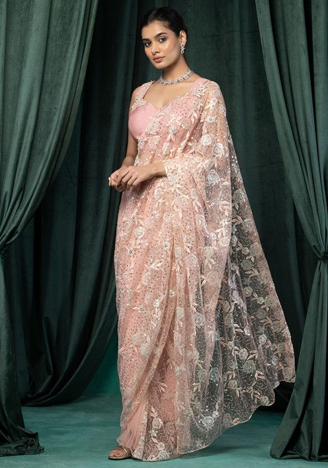 Peach Floral Sequin Embroidered Mesh Pre-Stitched Saree Set With Embroidered Blouse - Image 2
