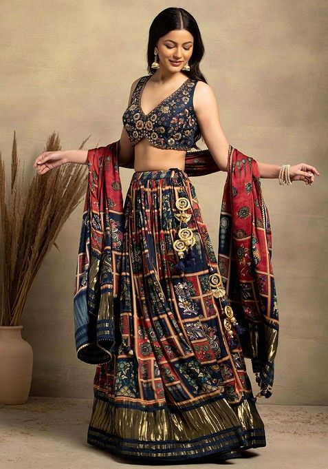 Navy Blue Abstract Print Satin Lehenga Set With Embellished Blouse And Dupatta - Image 2