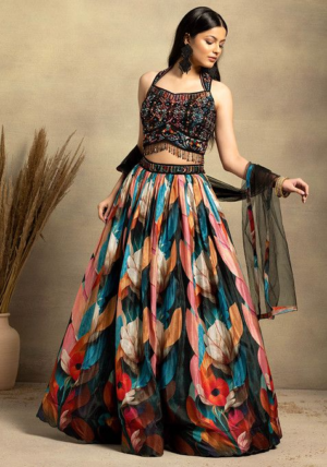 Black Multicolour Floral Print Lehenga Set With Embellished Blouse And Dupatta