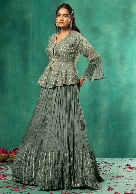 Green Tiered Lehenga Set With Embellished Short Kurta - Image 2