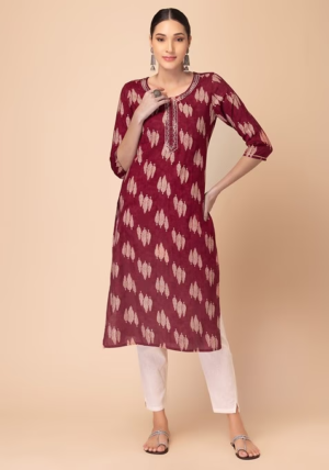 Maroon Leaf Print Embroidered Rayon Kurta