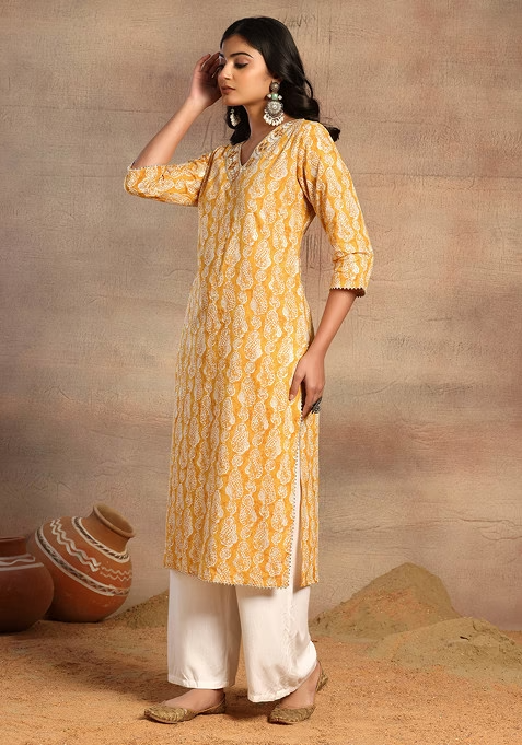 Mustard Yellow V-Neck Paisley Print Cotton Kurta - Image 2