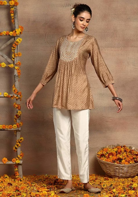 Brown Mirror Embroidered Short Muslin Kurta - Image 2