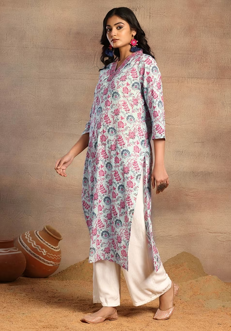 Light Grey Floral Print V-Neck Cotton Kurta - Image 2