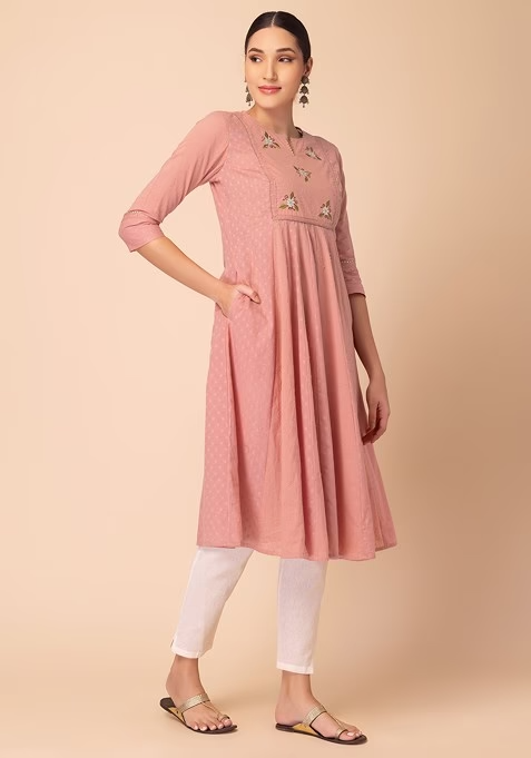 Peach Embroidered Cotton A-Line Kurta - Image 3