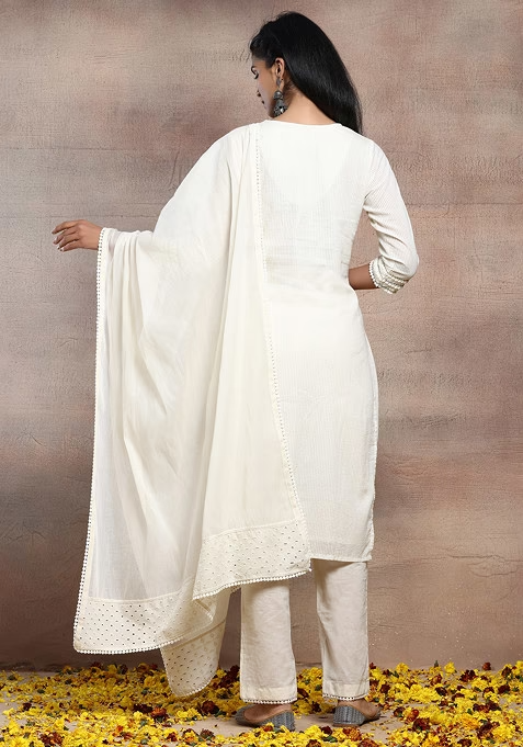 Ivory Mirror Embroidered Schiffli Cotton Kurta With Pants And Dupatta - Image 4