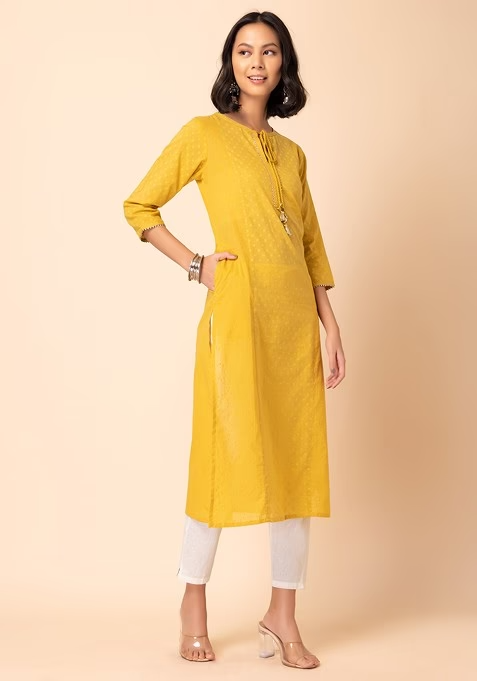 Yellow Tasseled Cotton Straight Kurta - Image 3