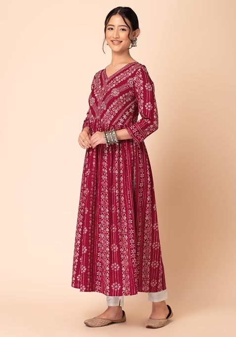 Red Batik Print Rayon Anarkali Kurta - Image 3