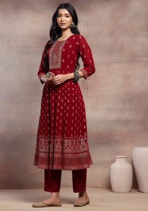 Maroon Mughal Boota Print Anarkali Kurta With Pants And Dupatta