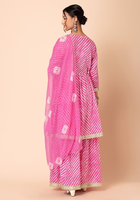 Pink Leheriya Print Cotton Sharara With Kurta And Chiffon Dupatta - Image 4