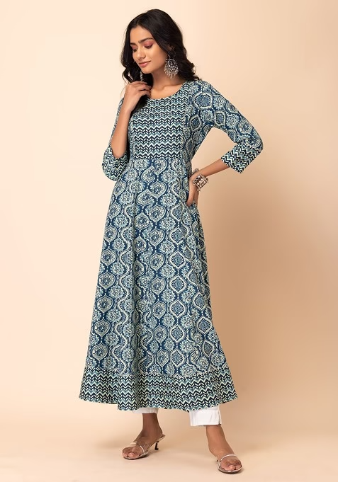 Grey Batik Print Rayon Anarkali Kurta - Image 3