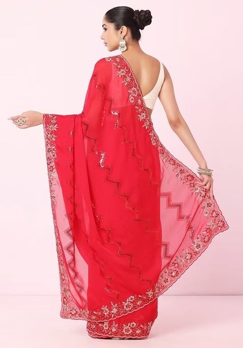 Rani Pink Chevron Sequin And Floral Embroidered Saree With Blouse - Image 4