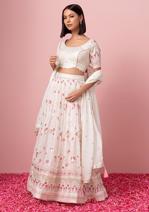 White Floral Sequin Embroidered Lehenga Set With Blouse And Dupatta - Image 3