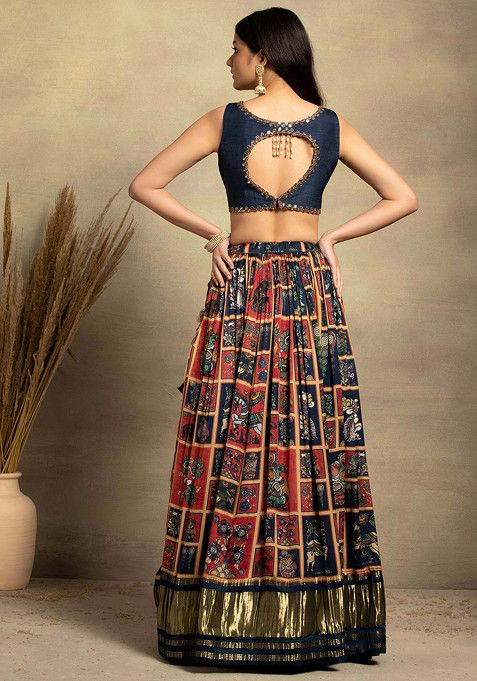 Navy Blue Abstract Print Satin Lehenga Set With Embellished Blouse And Dupatta - Image 4