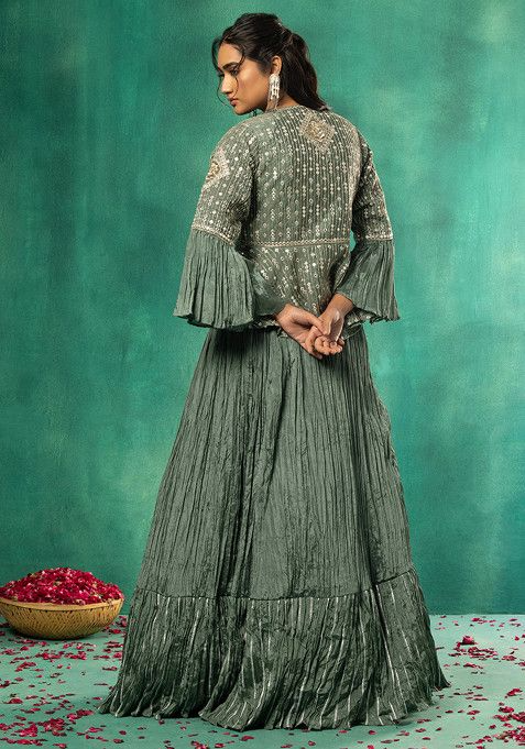 Green Tiered Lehenga Set With Embellished Short Kurta - Image 3
