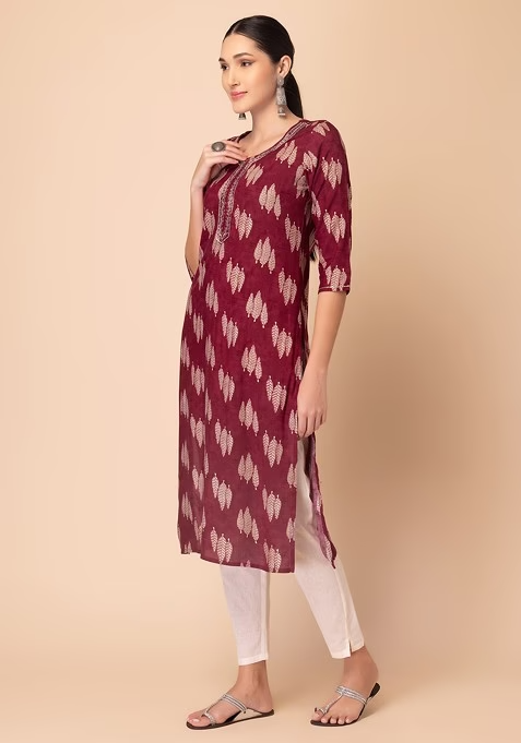 Maroon Leaf Print Embroidered Rayon Kurta - Image 3