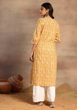 Mustard Yellow V-Neck Paisley Print Cotton Kurta
