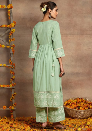 Mint Green Embroidered Cotton Kurta And Pants