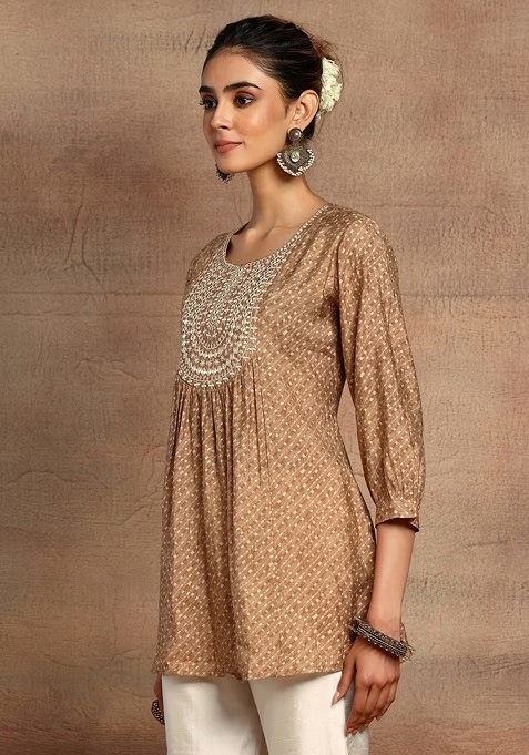 Brown Mirror Embroidered Short Muslin Kurta - Image 3