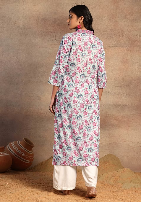Light Grey Floral Print V-Neck Cotton Kurta - Image 4