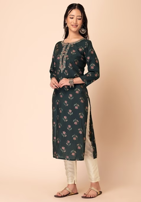 Black Floral Print Straight Kurta - Image 2