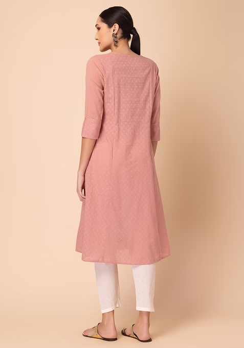 Peach Embroidered Cotton A-Line Kurta - Image 4