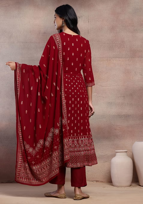 Maroon Mughal Boota Print Anarkali Kurta With Pants And Dupatta - Image 4